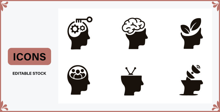 Six black silhouette human heads with different thoughts and ideas inside on white background