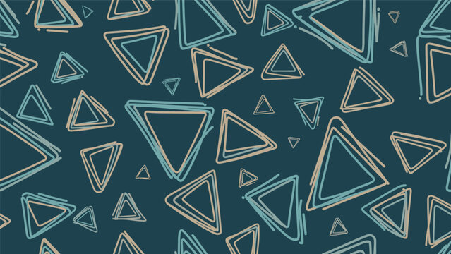 Seamless pattern of hand drawn style triangles in shades of teal and beige scattered on a dark blue background.