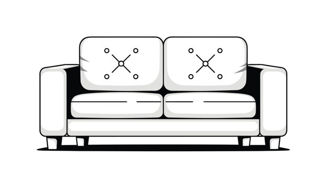 Simple line drawing of a modern two seater sofa with tufted back cushions on a white background.