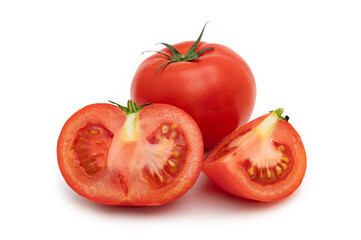 Fototapeta premium Whole tomato with half and a quarter slice isolated on white background