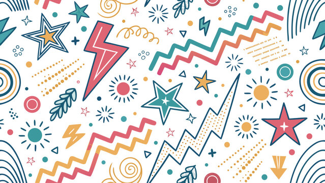Colorful abstract shapes and symbols pattern.