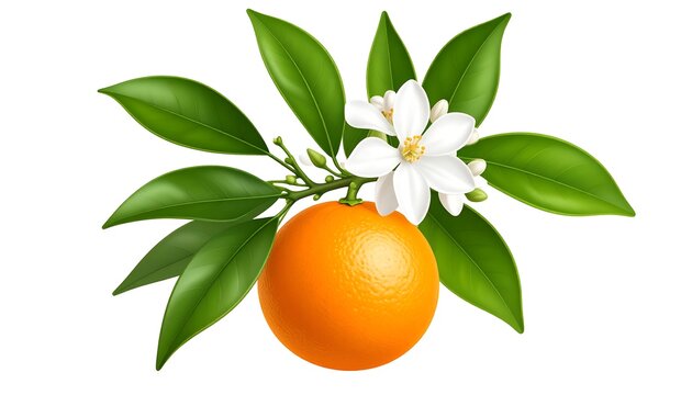 A vibrant orange with leaves and delicate white blossoms on a white background