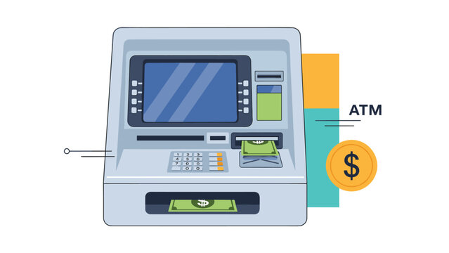 Detailed vector illustration of a modern atm machine dispensing paper currency and showing a coin symbol to represent banking.
