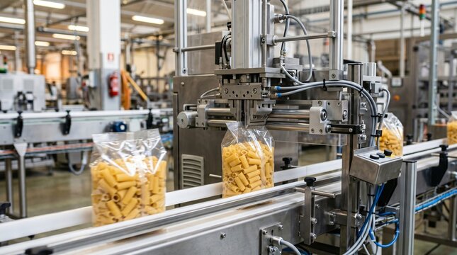 Automated packaging line filling bags with rigatoni pasta in a modern food factory