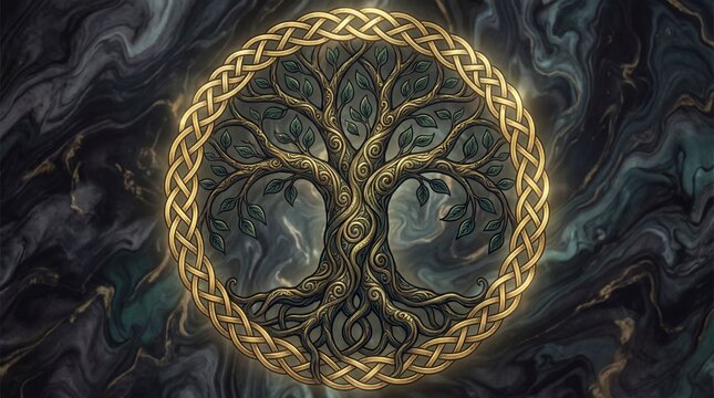 Ancient tree symbol surrounded by golden knotwork on a dark marble background