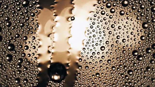 Close-up macro view of numerous small water droplets forming a textured pattern on a transparent surface with warm golden light filtering through and creating bokeh effects Keywords: water