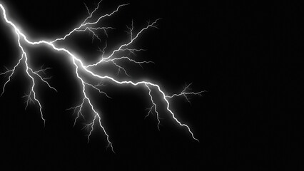 Powerful lightning bolt striking across black sky, electric discharge during thunderstorm, bright white energy flash on dark background © JULEKA 
