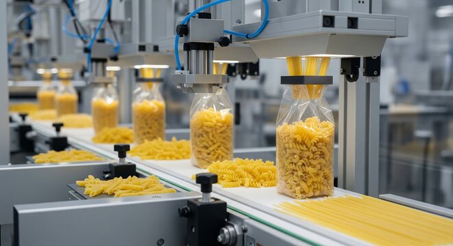 Automated packaging line filling plastic bags with various dried pasta shapes on a conveyor belt