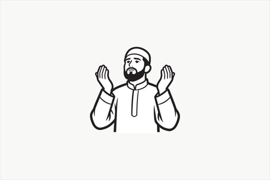 Muslim man praying with raised hands in Islamic dua gesture, flat vector illustration isolated on background, religious worship, faith, spirituality, Ramadan concept. Vector illustration.