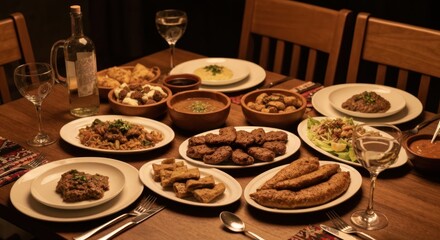 Fototapeta premium A Feast of Flavors - Diverse Dishes on a Wooden Table.
