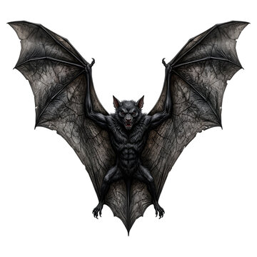 Menacing Giant Vampire Bat Spreading Large Leathery Wings Front View