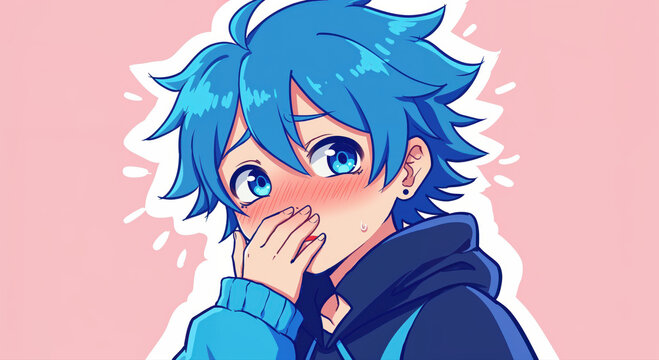 Embarrassed Anime Boy: A young anime boy with vibrant blue hair and big, expressive blue eyes blushes deeply as he covers his mouth.