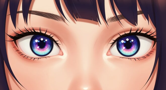 Striking Gaze: A captivating close-up of a woman's striking eyes, featuring vibrant purple and blue irises, long lashes, and meticulously shaped eyebrows, conveying a sense of mystery and allure.
