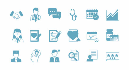 Fototapeta premium Modern flat design icon set for digital healthcare and medical business, illustrating patient care, online consultations, data analysis, and professional services
