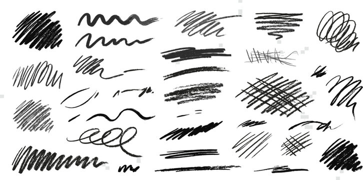 Rough scribble strokes. Charcoal doodle lines, wavy brush marks, pencil strokes, and textured marker strokes isolated on transparent background