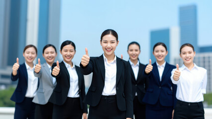 Obraz premium Successful businesswomen team giving thumbs up: A group of diverse businesswomen in formal attire stand united.