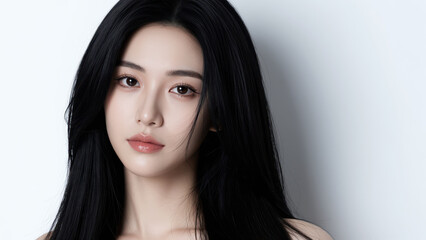 Naklejka premium Portrait of a Young Woman with Long Black Hair: A captivating close-up portrait of a young woman with striking long, dark hair and expressive eyes, her gaze directed towards the viewer.