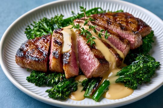 Sliced grilled steak with broccolini and peppercorn sauce