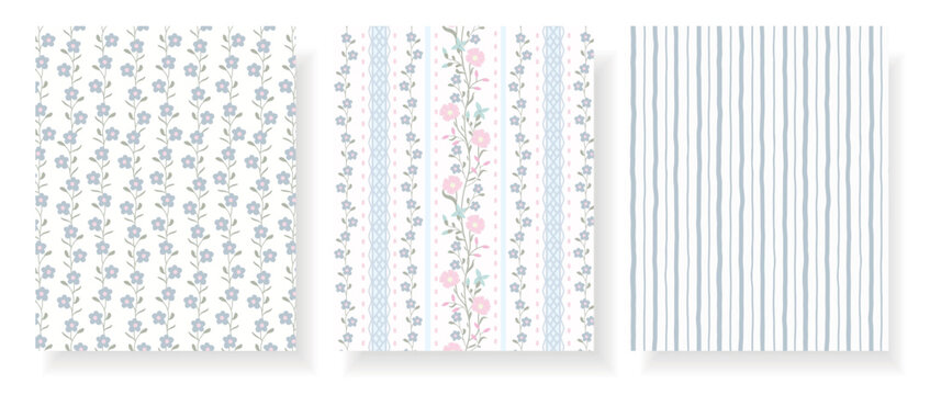 Seamless shabby chic floral pattern set with delicate vines, stripes and pastel bows in soft blue and pink, ideal for wrapping paper, textile, wallpaper, scrapbook and feminine decor.