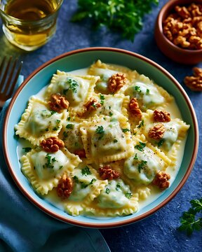 Pansoti ligurian walnut pasta with creamy sauce and fresh herbs