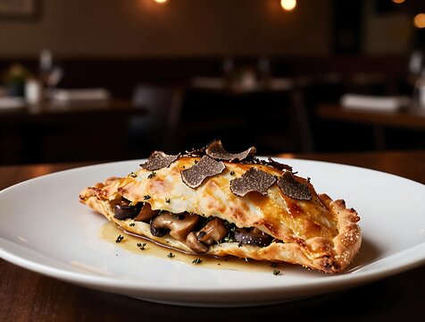 Gourmet calzone boscaiola with mushrooms and black truffle shavings