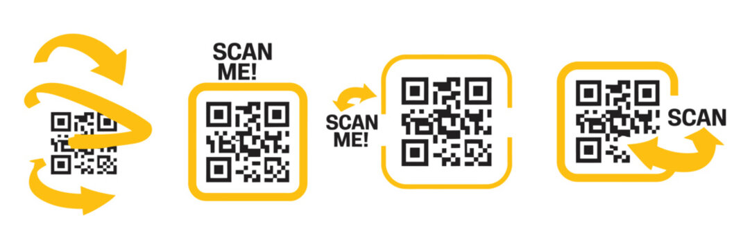 Scan me icon set with QR code and arrow. Qr code template collection for mobile app. vector illustration