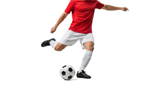 Athlete in red jersey kicking a soccer ball