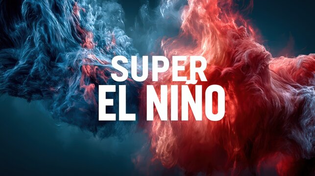 Dynamic Super El Nino Text Amidst Swirling Red and Blue Smoke