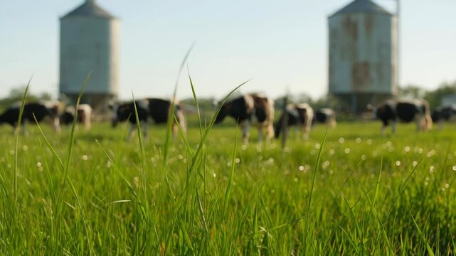 Dairy cows grazing in a lush green field with silos in the background on a sunny day.