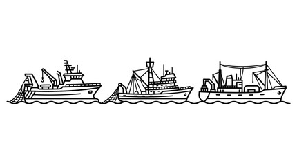 Obraz premium Set of three hand drawn fishing boats on the sea.