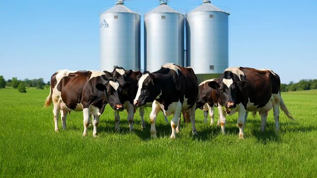 Herd of black and white cows grazing in a lush green field with large grain silos in the background under a clear blue sky.