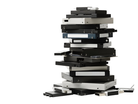 Tall stack of old VHS video cassette tapes on a white background representing vintage media and obsolete technology.