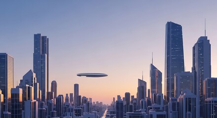 Fototapeta premium Futuristic city skyline at sunset with a flying saucer hovering above modern skyscrapers.
