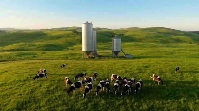 Herd of cows grazing in a lush green pasture with silos in the background during golden hour.