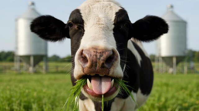 Close-up of a black and white cow with its tongue out eating grass in a green field with silos in the background.