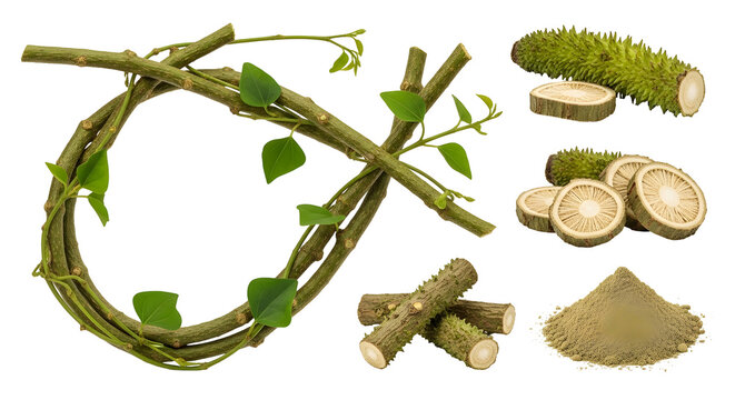 Tinospora crispa and Wasabi Root with Powder and Slices on White Background.