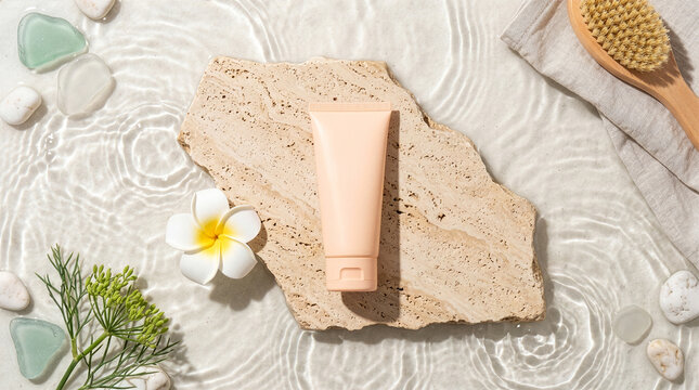 Top view of blank sunscreen tube mockup on natural stone in clear water with ripples.