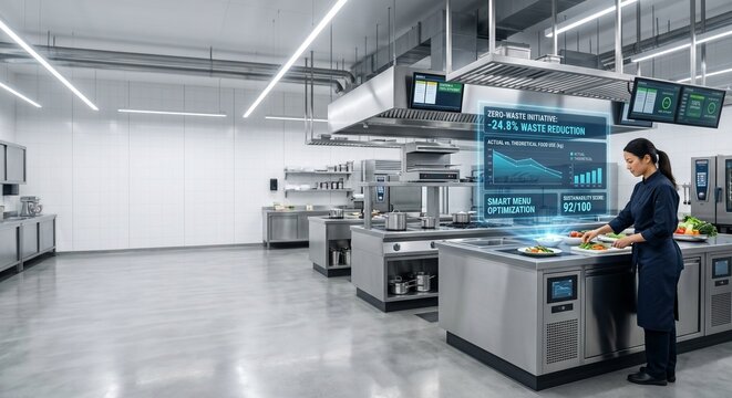 Smart kitchen operation showcasing AI data analytics for waste reduction and sustainability optimization in commercial food service
