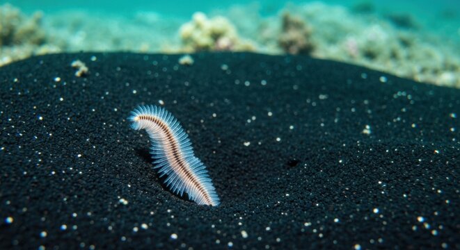 Bobbit worm on black sand seabed, underwater marine life.