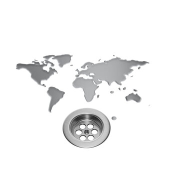 World Water Map With Drainage Metal Sink Save Water And Water Wastage Concept 3D Illustration