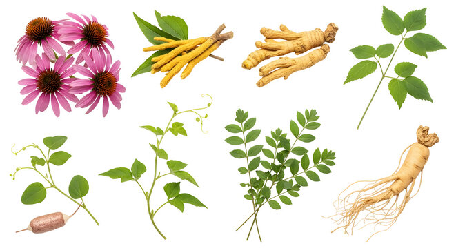 Various medicinal herbs and roots including ginseng echinacea and astragalus on a white background.