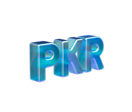 Glossy 3D PKR text, vibrant iridescent blue purple, currency symbol. 3d illustration