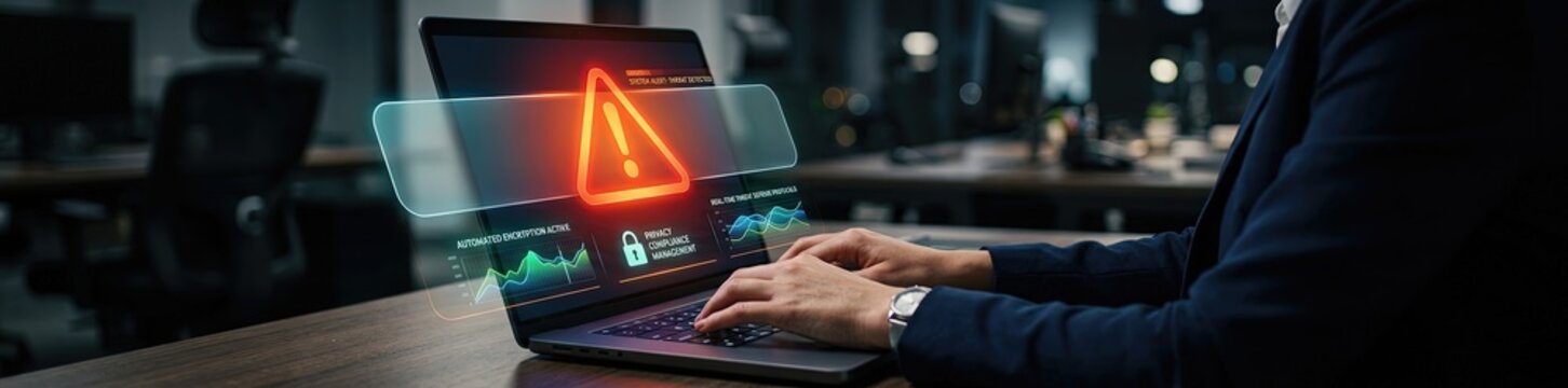 Cybersecurity alert user engaging with threat detection on laptop modern office setting digital content corporate environment close-up view tech awareness