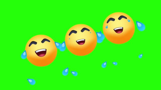 Multiple Laughing Crying 3D Yellow Emoji Faces Shedding Tears of Joy 4k stock animation video on a green screen background for chroma key background for video editing.
