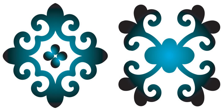 Teal gradient symmetrical patterns with oriental shapes.