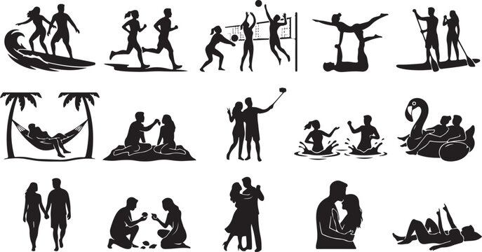 Black silhouettes of happy couples doing summer activities and beach sports together Vector