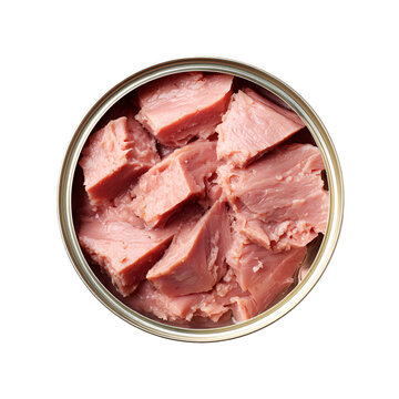 Sliced cooked ham in round metal container top view