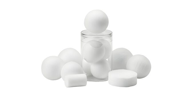 White camphor balls and tablets in a glass container.