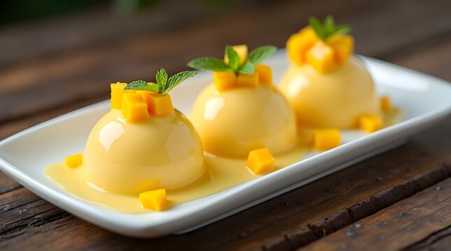 three yellow pana cota on a white plate