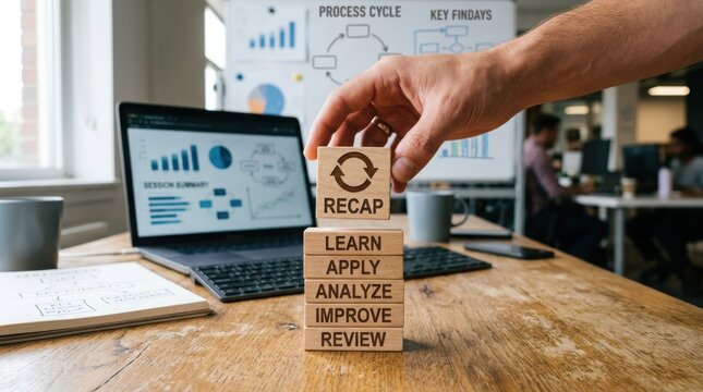 Hand placing recap block on wooden blocks with laptop showing analytics